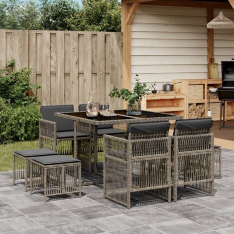 Vidaxl – Ensemble table et chaise de jardin 9 places – Résine tressée poly rotin – Coussins épais – Dessus en verre trempé – Dossier rabattable