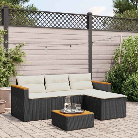 Vidaxl – Salon de jardin 3 pcs – Canapé 3 places avec coussins épais – Résine tressée noire et bois d'acacia – Table et tabouret inclus (1/5)