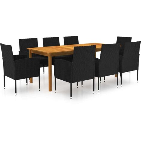 Vidaxl – Ensemble table et chaise de jardin 9 pcs – Table en bois d'acacia 200x90cm – Chaises en résine tressée avec coussins noirs (1/5)