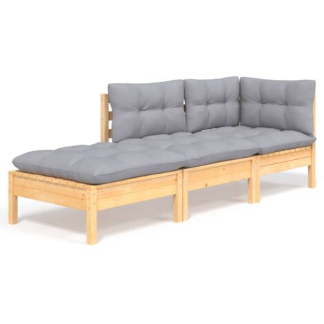 vidaXL 3 Piece Garden Lounge Set with Grey Cushions Solid Pinewood (1/7)