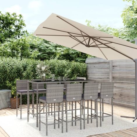 vidaXL Ensemble de bar de jardin 9 pcs avec coussins gris poly rotin