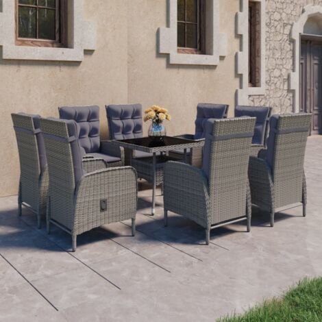 vidaXL Ensemble à manger de jardin 9 pcs Résine tressée et verre Gris (1/5)