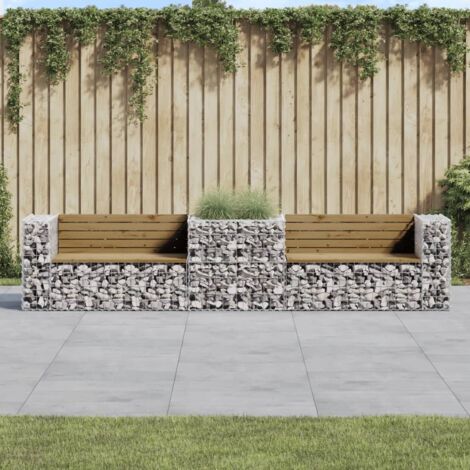 Vidaxl – Banc de jardin en bois de pin imprégné – Panier en gabion acier galvanisé – Dimensions 314 x 71 x 65,5 cm – Charge max 110 kg