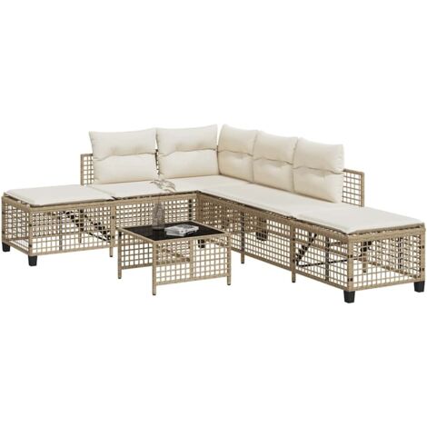 Vidaxl – Salon de jardin d'angle 3 places avec coussins – Résine tressée beige – Table en verre trempé – Siège latéral réglable (1/5)