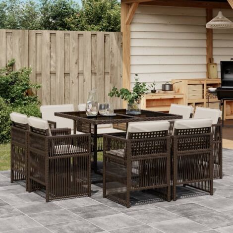 vidaXL Ensemble à manger de jardin et coussins 9 pcs marron poly rotin