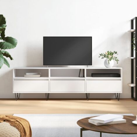 Vidaxl – Meuble TV blanc 150x30x44,5 cm – Bois d'ingénierie – 6 compartiments de rangement – Pieds en fer pour stabilité (1/5)
