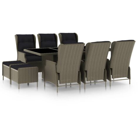 Vidaxl – Ensemble à manger d'extérieur 9 pcs – Résine tressée ronde marron – Coussins épais noir – Table 200x100cm en verre trempé (1/5)