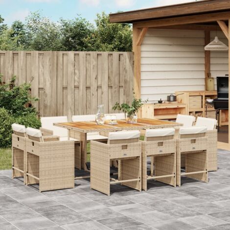 Vidaxl – Ensemble table et chaises de jardin 11 pcs – Résine tressée beige – 10 chaises avec coussins épais – Dimensions table 165x106x73cm