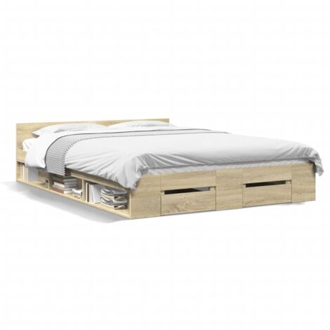 Vidaxl – Lit avec tiroirs 160x200 cm en bois d'ingénierie chêne sonoma – Dimensions tiroirs 51x33,5 cm – Assemblage requis (1/7)