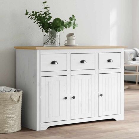 Vidaxl – Buffet BODO blanc et marron 115x44x80 cm – Bois massif de pin – 3 tiroirs et 3 portes avec poignées en métal – Design rustique