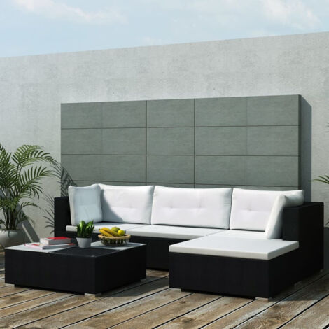 Vidaxl – Salon de jardin 5 pcs résine tressée noire – 2 canapés d'angle et 1 central – 1 pouf et 1 table à thé – Coussins épais amovibles