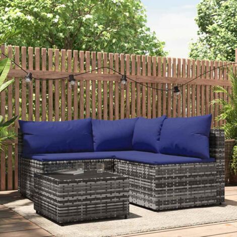 Vidaxl – Salon de jardin 4 pcs avec coussins gris – Résine tressée résistante aux intempéries – Table basse en verre trempé – Canapés d'angle confortables (1/8)