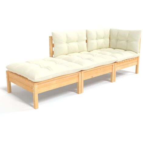 vidaXL Salon de jardin 3 pcs avec coussins crème Bois de pin massif (1/6)