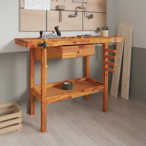 Vidaxl – Établi en bois d'acacia massif 124x52x83 cm – Avec tiroir et étau – Surface de travail stable – Pour garage et atelier - vidaXL14360