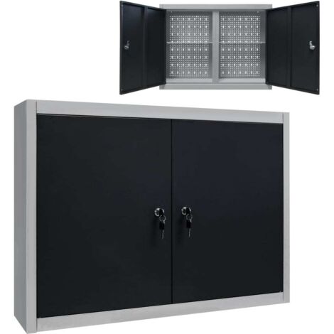Vidaxl – Armoire d'atelier murale en métal gris et noir – 2 portes verrouillables – 2 étagères réglables – Plaque perforée pour outils