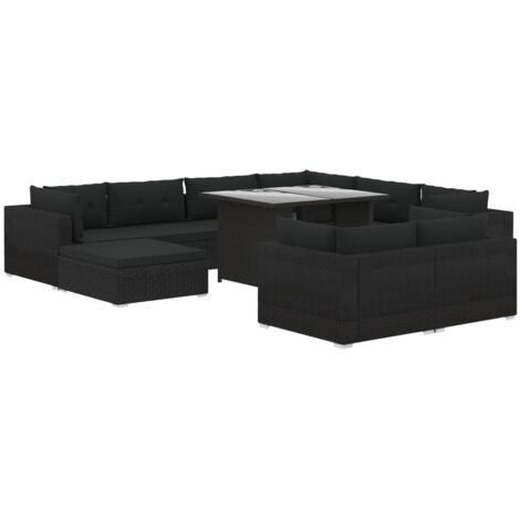 vidaXL Salon de jardin 10 pcs avec coussins Résine tressée Noir (1/5)
