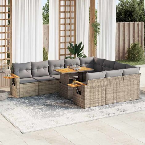 vidaXL Salon de jardin 11pcs avec coussins beige résine tressée acacia (1/5)
