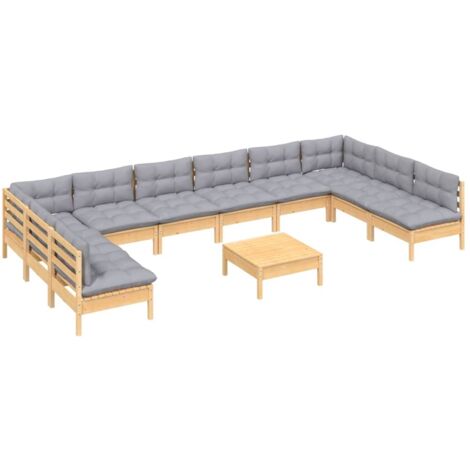Salon de jardin 11 pcs avec coussins gris Bois de pin solide vidaXL (1/5)