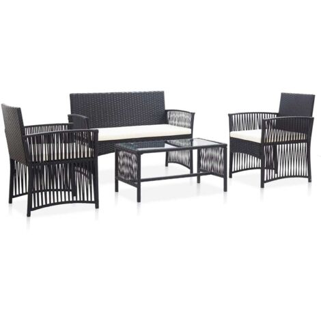 Vidaxl – Salon de jardin 4 pcs avec coussins épais – Résine tressée noire résistante aux intempéries – Cadre en acier robuste – Dimensions table 80x45x40 cm