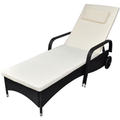 vidaXL Sun Lounger with Cushion & Wheels Poly Rattan Black