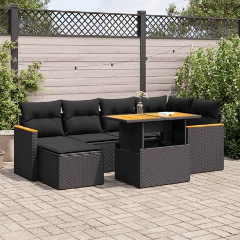vidaXL Salon de jardin avec coussins 7 pcs noir résine tressée acacia (1/5)