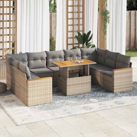 vidaXL Salon de jardin avec coussins 10pcs beige résine tressée acacia (1/5)