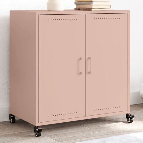 Vidaxl – Buffet rose 68x39x72 cm en acier laminé à froid – 2 portes – Mobile sur roulettes – Rangement pratique pour magazines et livres