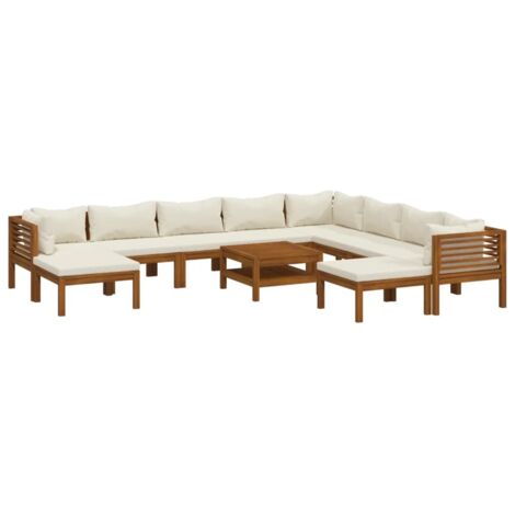 Salon de jardin 11 pcs avec coussin crème Bois d'acacia solide vidaXL