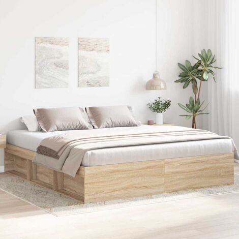 Vidaxl – Cadre de lit chêne sonoma 180x200 cm – Bois d'ingénierie et pin massif – Lattes en contreplaqué – 6 compartiments de rangement