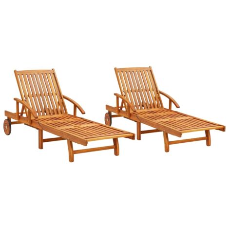 Vidaxl – Lot de 2 chaises longues en bois d'acacia massif – Dossier et repose-pieds réglables – Résistantes aux intempéries – Avec roues pour mobilité