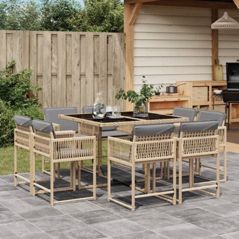 Vidaxl – Ensemble table et chaises de jardin 9 pcs – Résine tressée beige – Coussins épais – Dossier rabattable – Dimensions table 110x106x73 cm