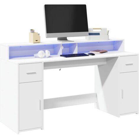 Vidaxl – Bureau droit avec lumières LED – Dimensions 160x55x91 cm – Bois d'ingénierie blanc – Grand espace de rangement – Connecteur USB 5V (1/5)