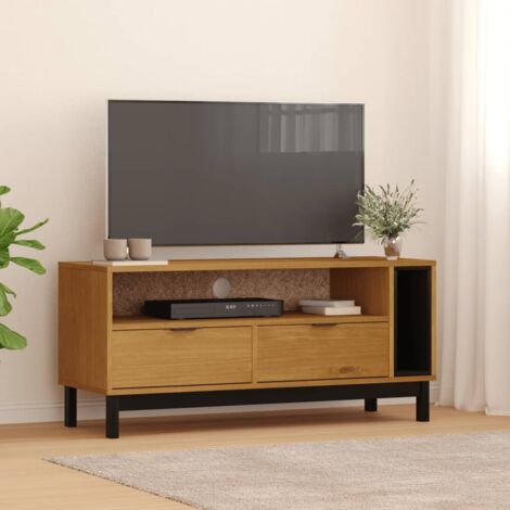 Vidaxl – Meuble TV en bois massif de pin 110x40x50 cm – 2 tiroirs et 2 compartiments ouverts – Finition couleur chêne – Design rustique (1/5)