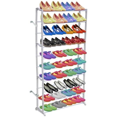 Vidaxl – Étagère à chaussures 10 étages – Dimensions 140x72x20 cm – Capacité 40 paires – Plastique blanc avec entretoises métal