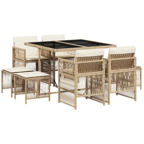 Vidaxl – Ensemble à manger de jardin 9 pcs – 4 chaises et 4 tabourets – Coussin épais – Poly rotin beige – Table 110 x 106 x 73 cm