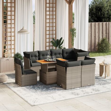 vidaXL Salon de jardin 9 pcs avec coussins gris résine tressée