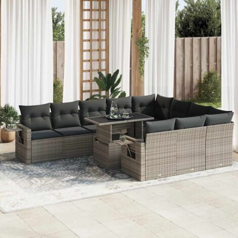 vidaXL Salon de jardin 11 pcs avec coussins gris résine tressée (1/5)
