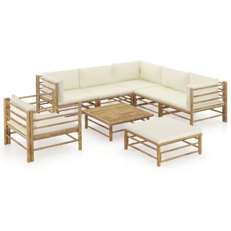 vidaXL Salon de jardin 8 pcs avec coussins blanc crème bambou