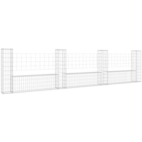 vidaXL U-shape Gabion Basket with 4 Posts Iron 380x20x100 cm