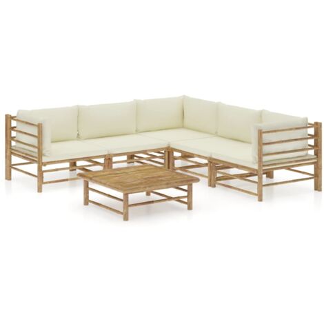 Vidaxl – Salon de jardin 6 pcs en bambou avec coussins blanc crème – Canapés modulables pour extérieur – Confort optimal et entretien facile