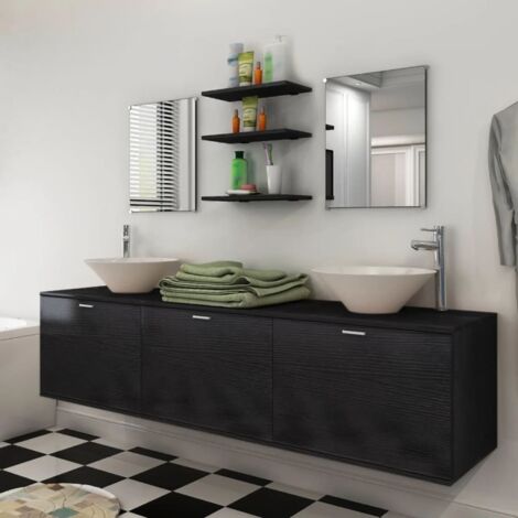 Vidaxl – Ensemble de meubles de salle de bain 8 pièces – 2 lavabos céramique – Armoire murale avec 3 tiroirs – 2 miroirs et 3 étagères – Noir (1/5)