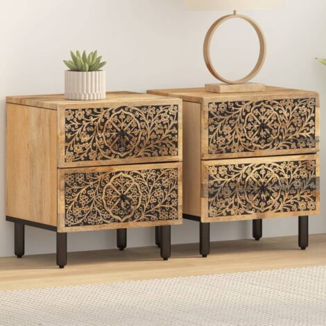 Vidaxl – Tables de chevet en bois de manguier massif – Lot de 2 – Dimensions 40x33x46 cm – 2 tiroirs avec motifs sculptés (1/5)