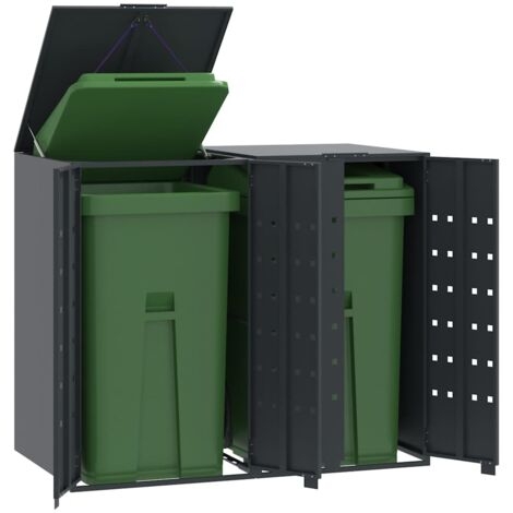 Vidaxl – Rangement à roulettes pour poubelles 2 bacs – Acier enduit de poudre – Dimensions 138 x 79 x 117 cm – Couvercle à ressort à gaz