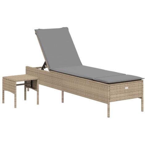 Chaise longue avec table et coussin beige résine tressée vidaXL