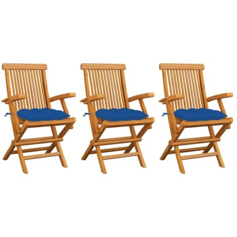 Chaises de jardin avec coussins bleu lot de 3 Bois teck massif vidaXL (1/5)