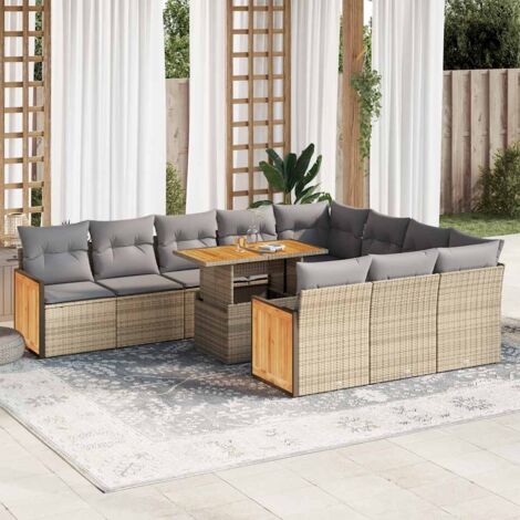 vidaXL Salon de jardin 11pcs avec coussins beige résine tressée acacia (1/5)