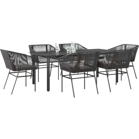 vidaXL Ensemble à manger de jardin coussins 7pcs noir poly rotin verre
