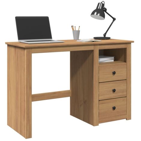 Vidaxl – Bureau droit en bois massif de pin 112x45x75 cm – 3 tiroirs et compartiment de rangement – Finition cire de miel – Pour petits espaces