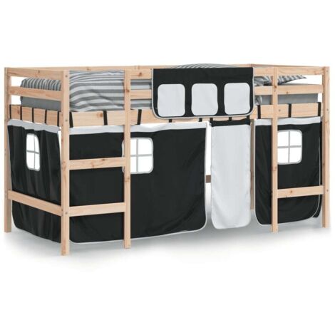 Vidaxl – Lit mezzanine enfants 90x190 cm – Hauteur 78,5 cm – Rideaux blancs et noirs – Bois de pin massif – Capacité 80 kg – Optimise l'espace sous le lit (1/5)