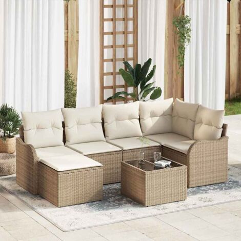 vidaXL Ensemble de canapé de jardin 7 pcs Beige et blanc Poly rotin (1/5)